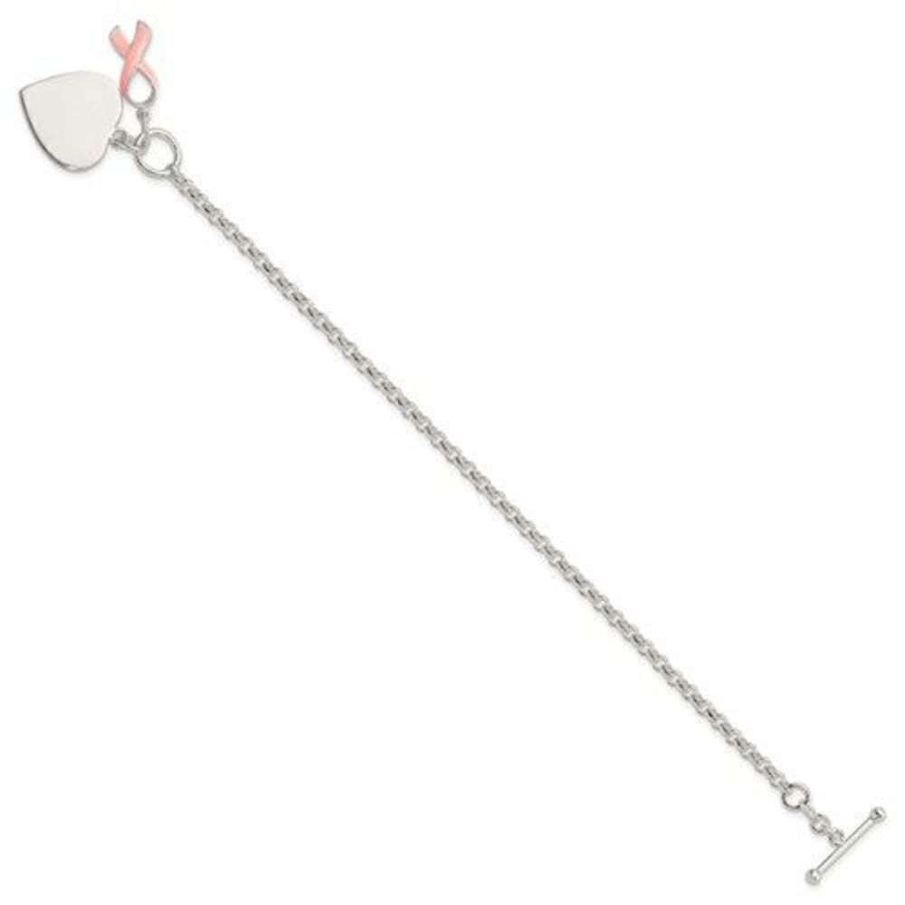 Sterling Silver Fancy Engraveable Heart with Pink Ribbon Charm Bracelet